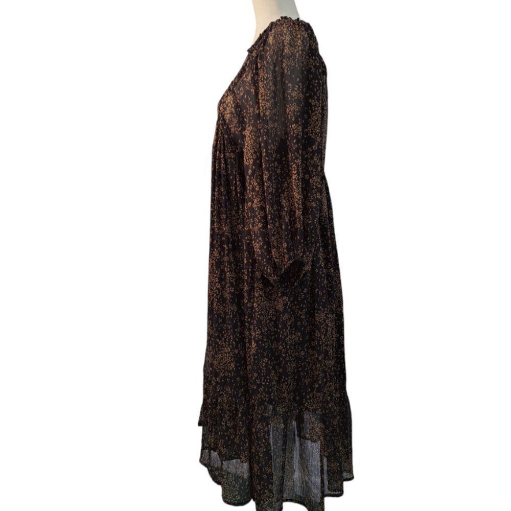 Mittoshop Dark Floral Midi Tiered Dress Balloon Sleeves Shimmer Gold Dark Small - Picture 6 of 9